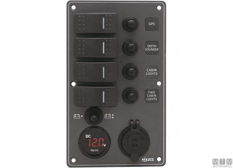 Ploča C7-IP66 Power Socket Black s vodootpornim prekidačima opremljena crvenim kontrolnim LED svjetlima, tester za bateriju i USB utičnicom sa automatskim povratnim prekidačima sa zaštitnom kapicom (4 prekidača)